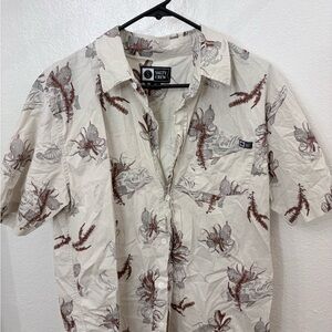 Salty Crew Cream Short-Sleeve Button-Up Shirt with Brown Floral & Fish Print